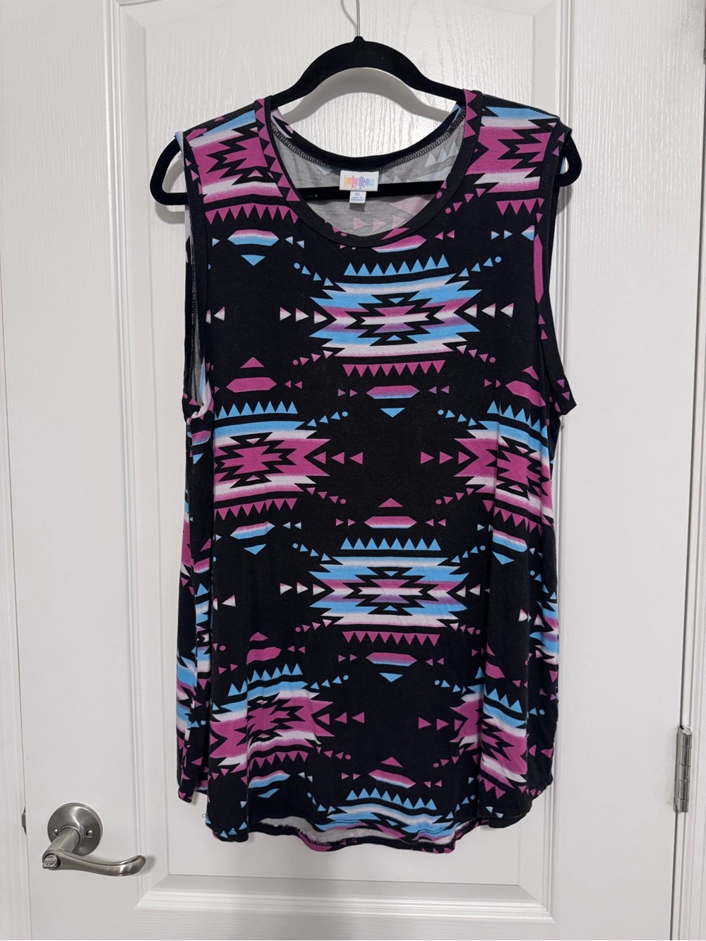 LuLaRoe Cocoa Sleeveless Tank with Black, Pink & Blue Aztec Print